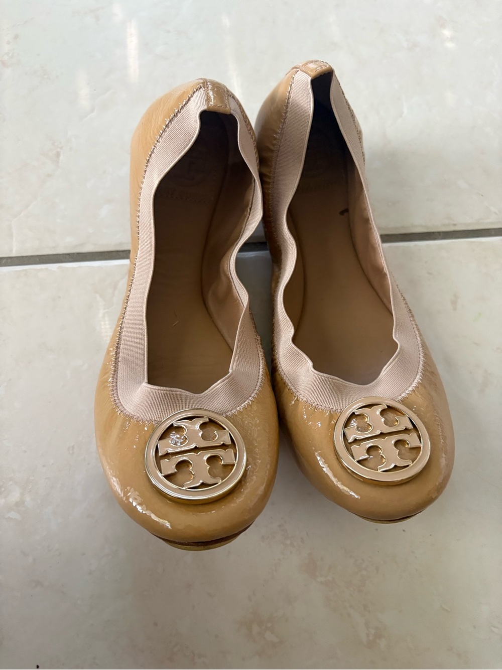 Tory Burch Camel Patent Leather Logo Ballet Flats